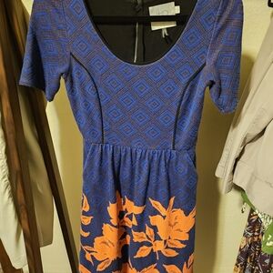 Anthropologie Blue and Orange Floral Midi Dress